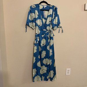 Topshop blue splodge flower ruffle textured wrap midi dress in blue